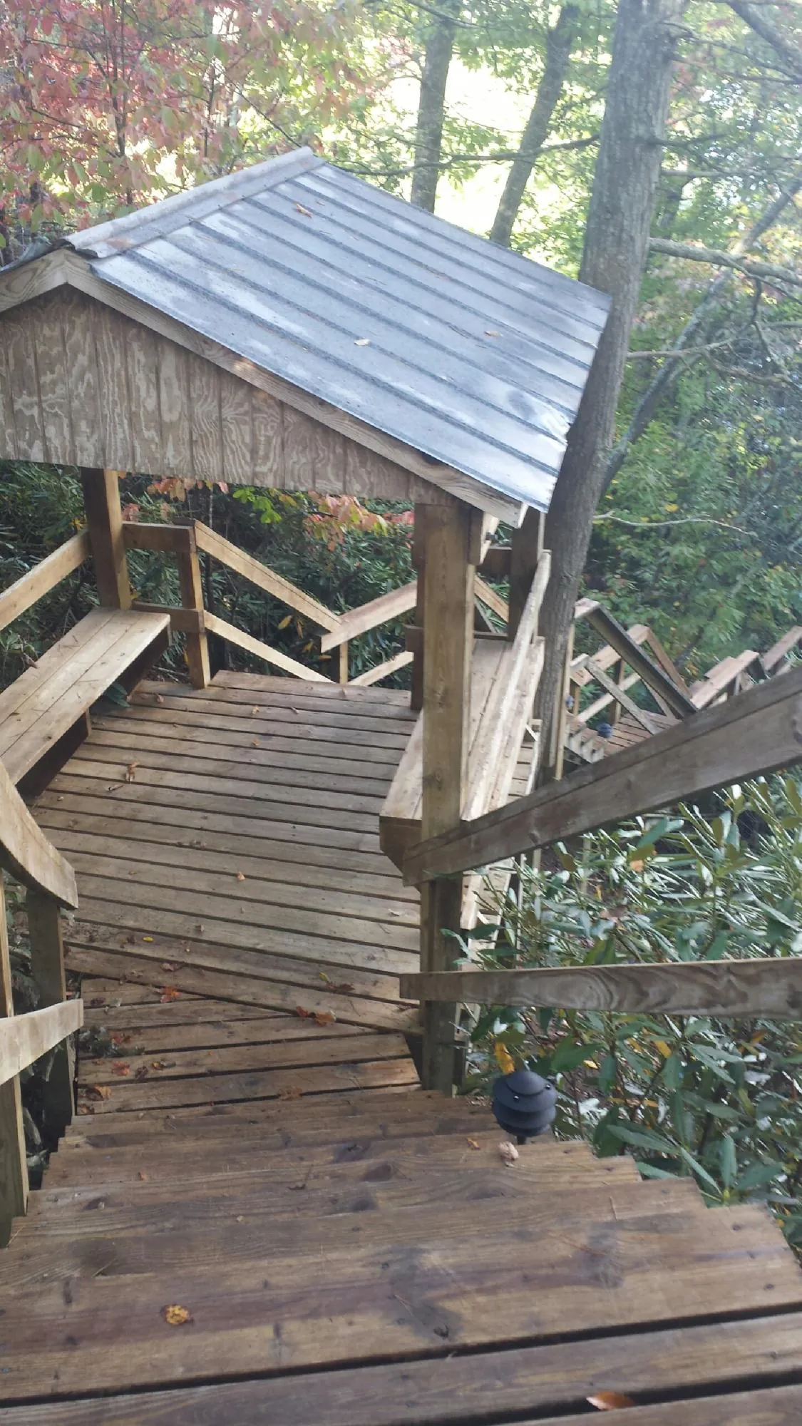 Metal roofed shelter over wooden steps on a wooded walkway — Skylight Repair & Installation work by our crew in Hickory Corners